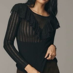 🟤NWT MAEVE by ANTHROPOLOGIE Sheer Ruffled Fitted Crewneck Sweater in Black SMALL
